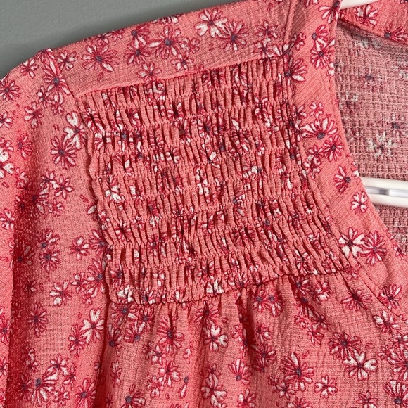 MY STYLE Floral Flutter Sleeve Top Coral Pink Smock Shoulders 1/4 Button 1X - Picture 4 of 12
